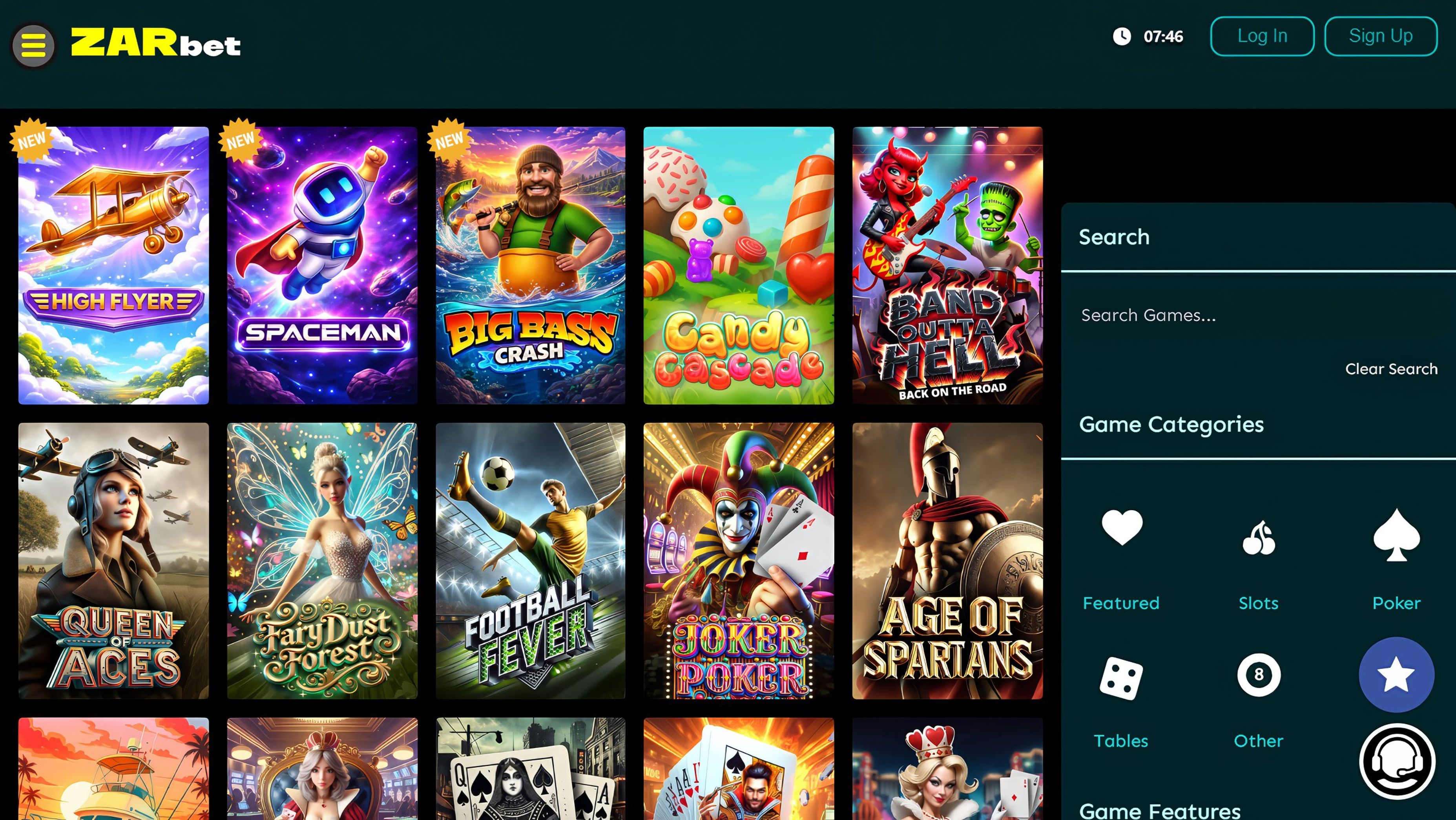 ZARbet Casino desktop screenshot 1